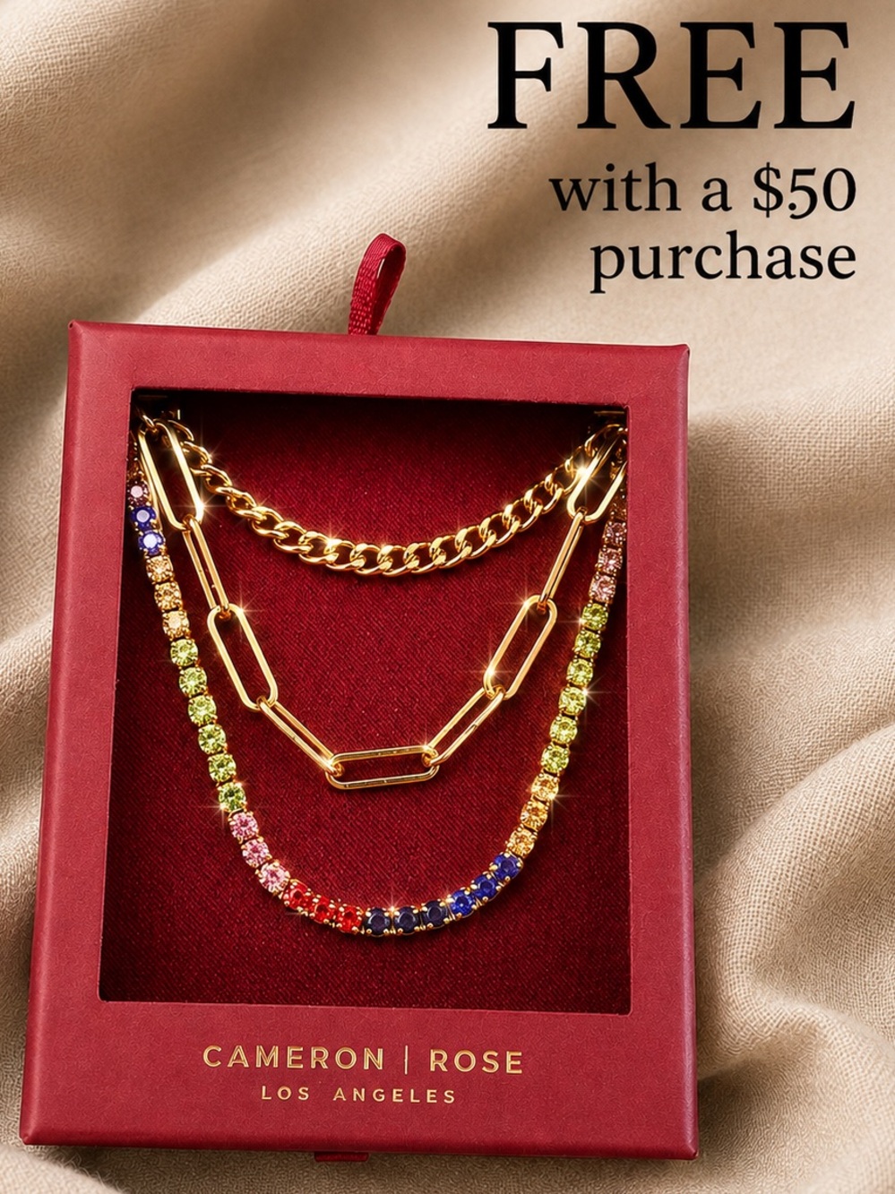 Cameron Rose 3 Layer Gold Chain Rainbow Crystal Necklace Set Boxed Gift